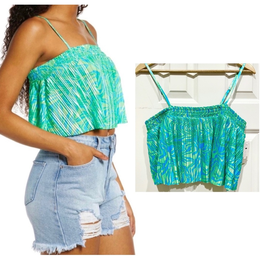 NWT Satin Cropped Plisse Tank Top Green Ziggy Zebra
